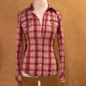 GUESS Los Angeles Western Plaid Embroidered Blouse